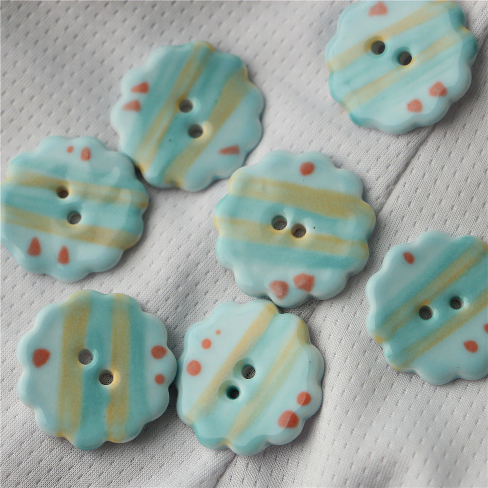 30mm Sky Blue Orange Hand Painted Round 2 Hole Ceramic Sewing Buttons 6pcs