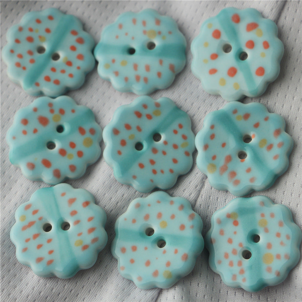 30mm Sky Blue Orange Hand Painted Round 2 Hole Ceramic Sewing Buttons 6pcs