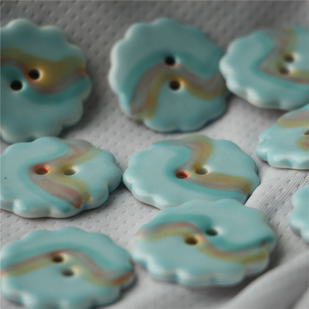 30mm Sky Blue Orange Hand Painted Round 2 Hole Ceramic Sewing Buttons 6pcs