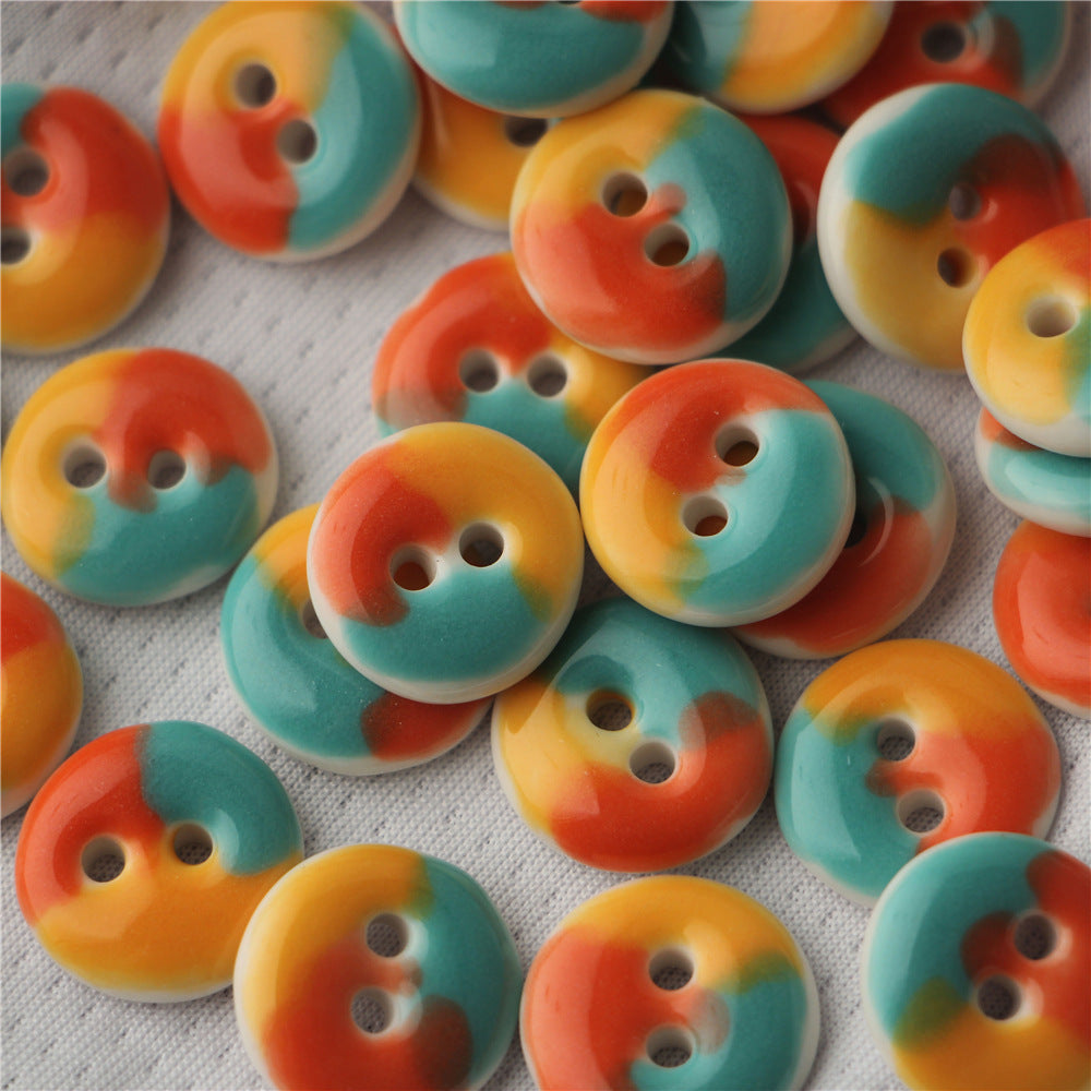 15mm Blu Arancione Rotondo Bottoni da Cucire in Ceramica Dipinti a Mano con Doppio Foro 6pz