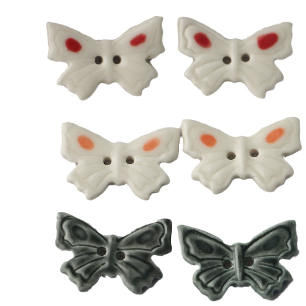 Bottoni in ceramica a forma di farfalla 25mm con 2 fori bianchi e grigio scuro per accessori per borse 6 pezzi
