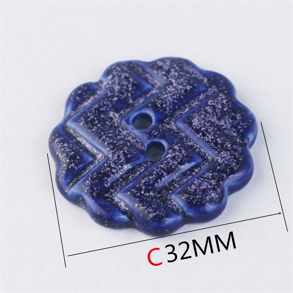 Bottoni in ceramica fatti a mano a forma di ingranaggio blu da 32 mm con 2 fori, 3 pezzi