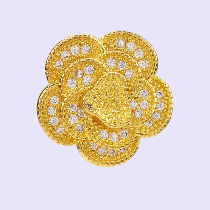 15mm Golden Silver Three Dimensional Camellia Buttons with Full Rhinestones 2pcs