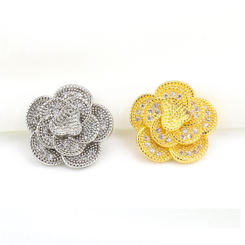 15mm Golden Silver Three Dimensional Camellia Buttons with Full Rhinestones 2pcs