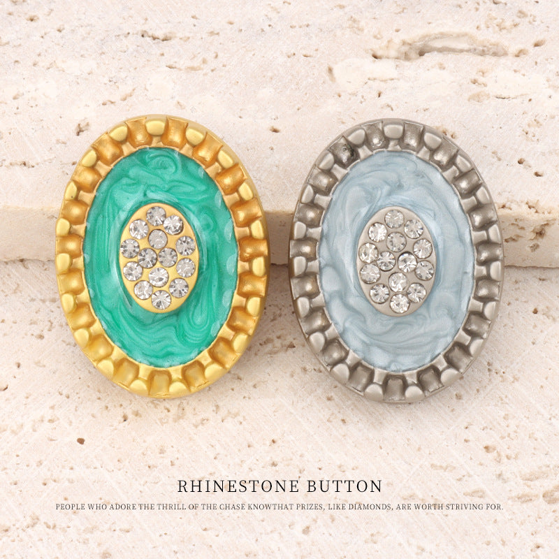 26mm Matte Golden Silver Oval Metal Rhinestone Oil Dotted Shank Buttons 2pcs