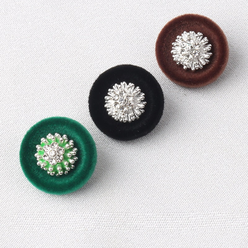 18mm Black Brown Green Flocked Metal Diamond Shank Buttons 6pcs