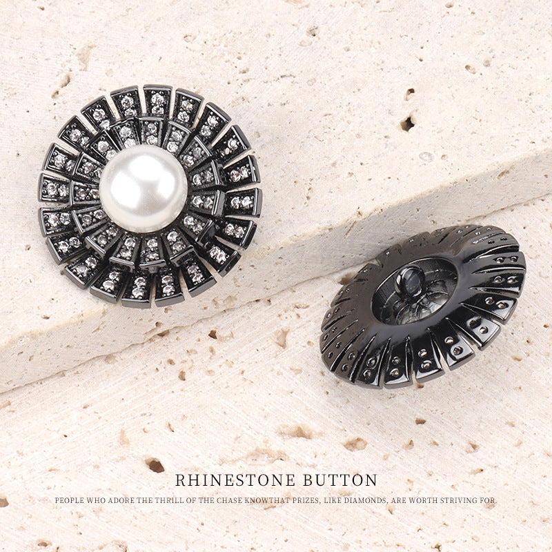 Bouton en cuivre avec perle en zircon gunmetal de 1 pouce pour manteaux en laine, 2 pièces