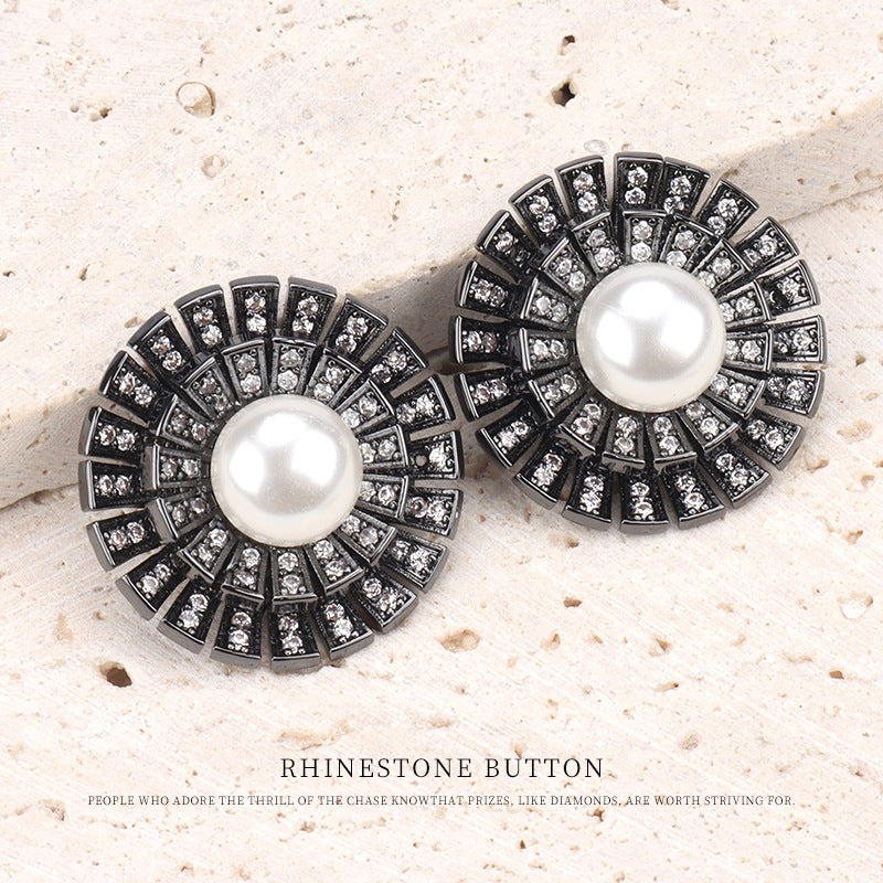 Bouton en cuivre avec perle en zircon gunmetal de 1 pouce pour manteaux en laine, 2 pièces