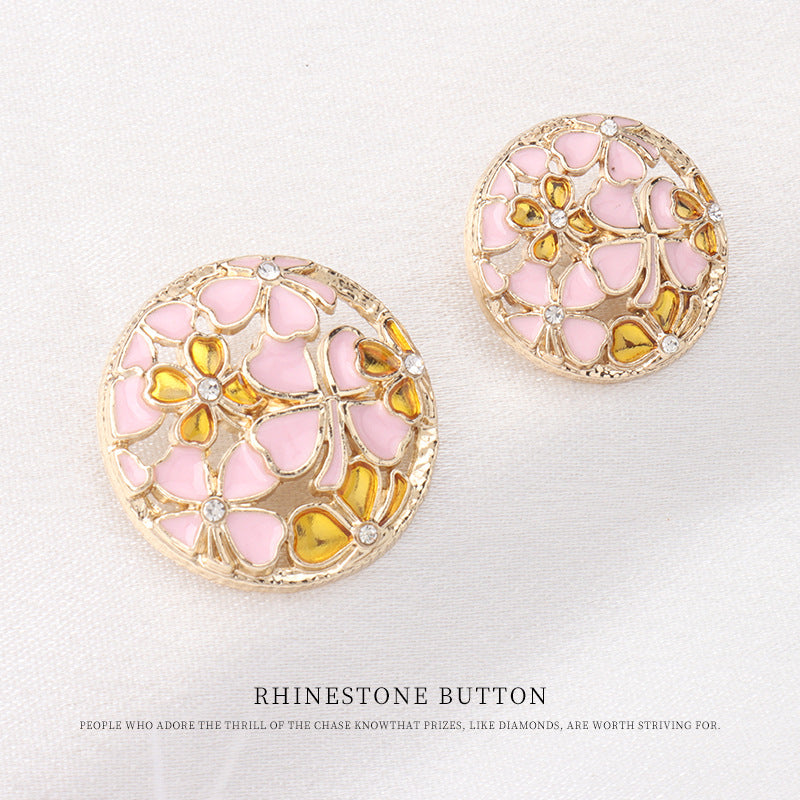 Botones de metal redondos huecos con strass en color rosa, amarillo, púrpura y azul, 12 piezas