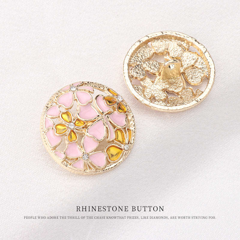 Botones de metal redondos huecos con strass en color rosa, amarillo, púrpura y azul, 12 piezas