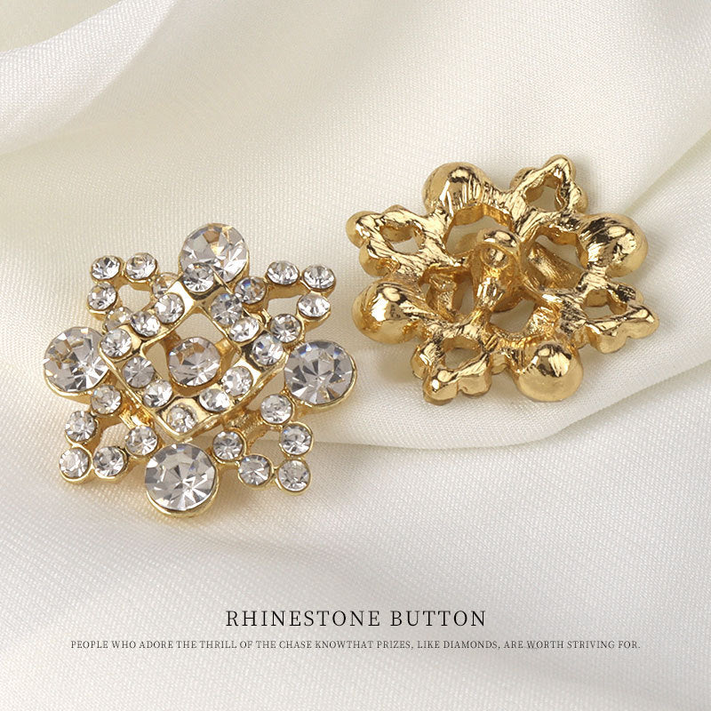 28mm Golden Geometric Square Metal Rhinestone Buttons for Coat 2pcs