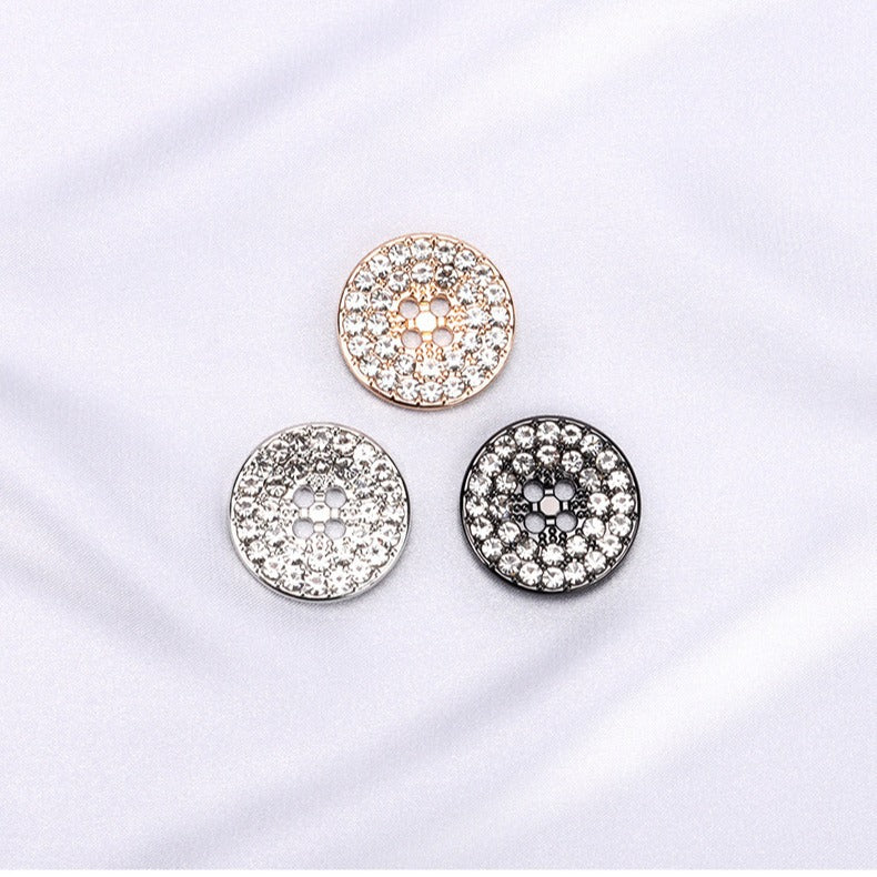 Round Gunmetal Golden Silver Rhinestone Metal Four Hole Buttons 12pcs