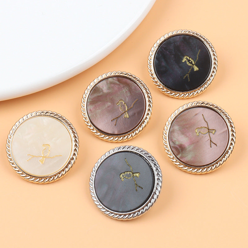 Svart Brun Beige Fågel Rundskaftsknappar Guld/Silver Metallbas 15 Pack