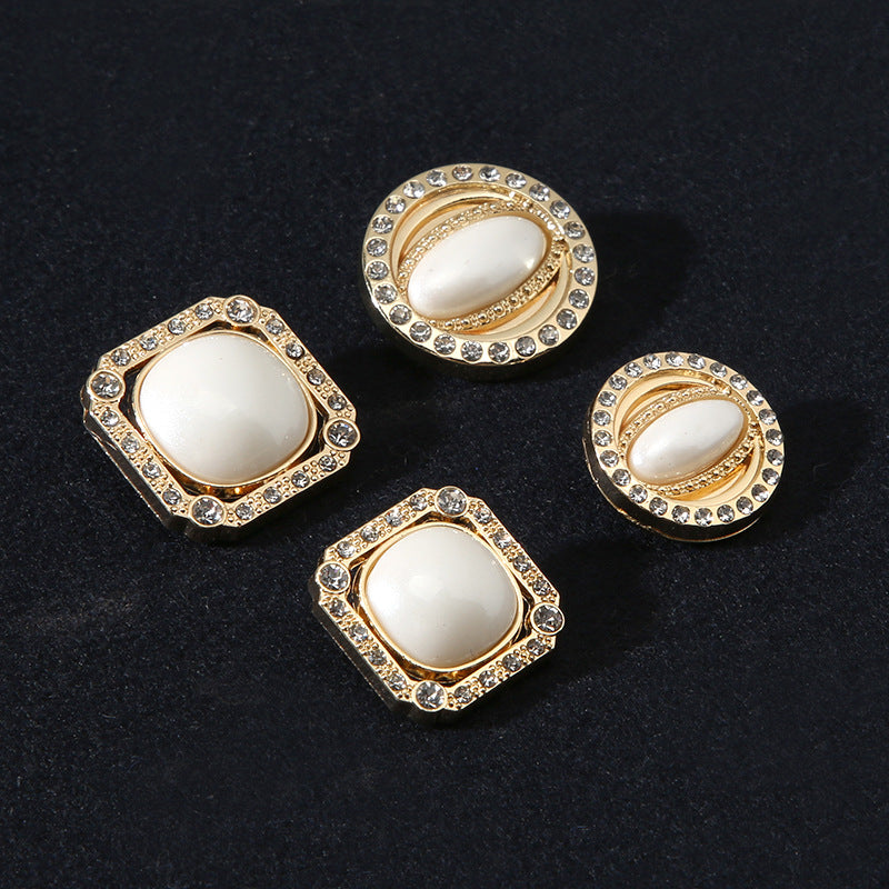 18/21mm Square Round Golden Metal Shank Buttons with Rhinestones Pearl 10pcs