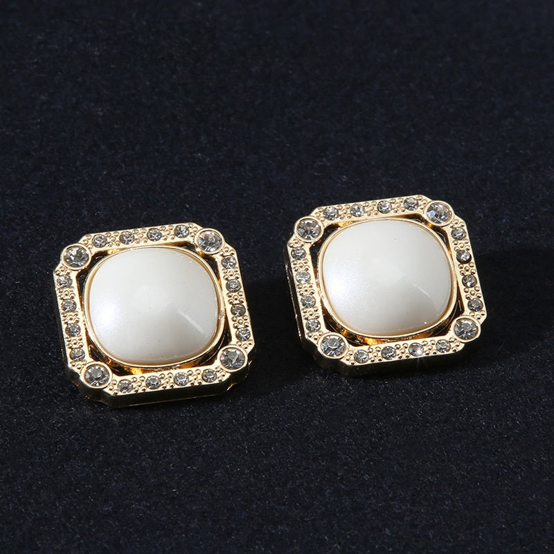 18/21mm Square Round Golden Metal Shank Buttons with Rhinestones Pearl 10pcs
