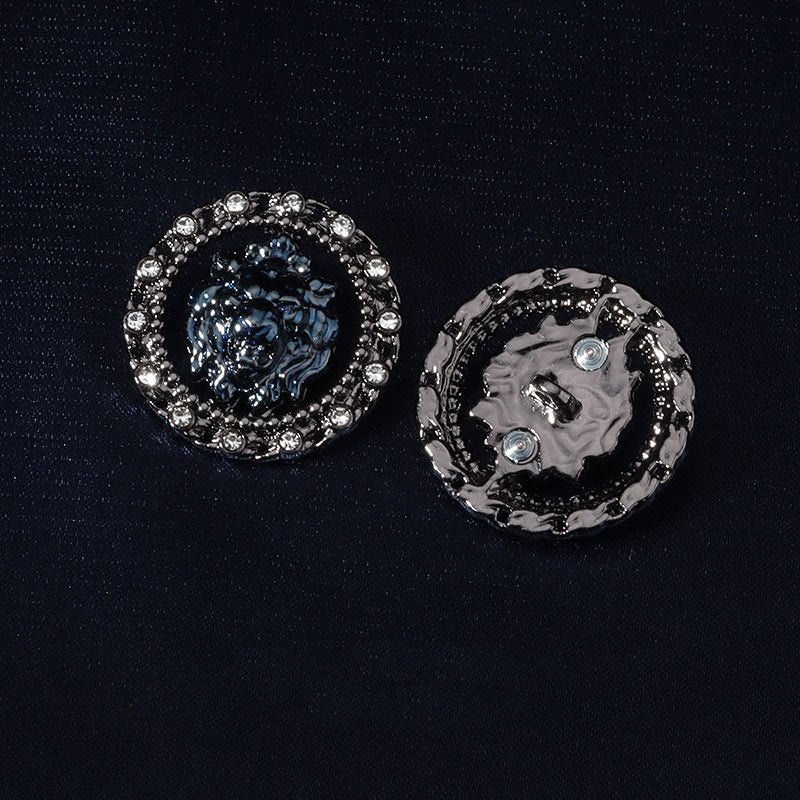 22mm Round Dark Blue Metal Rhinestone Shank Buttons with Lion Head 12pcs