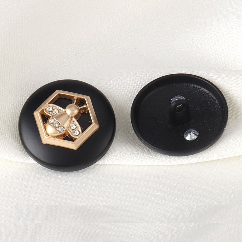 18/23mm Round Black Metal Buttons with Golden Bee Rhinestones 12pcs