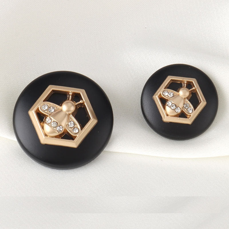 18/23mm Round Black Metal Buttons with Golden Bee Rhinestones 12pcs