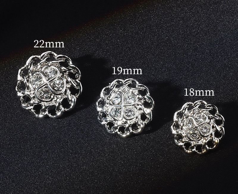 22mm Bright Silver Floral Shaped Rhinestone Inlaid Metal Shank Buttons 12pcs