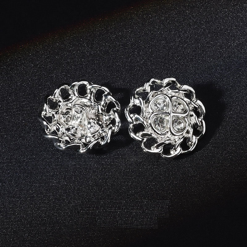 Botones de metal con base de shank en forma de flor de 22 mm, incrustados con strass plateado brillante, 12 piezas