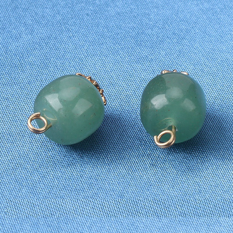 10mm Green Natural Jade Bead Buttons with Gold Studded Flower Mounts 8pcs
