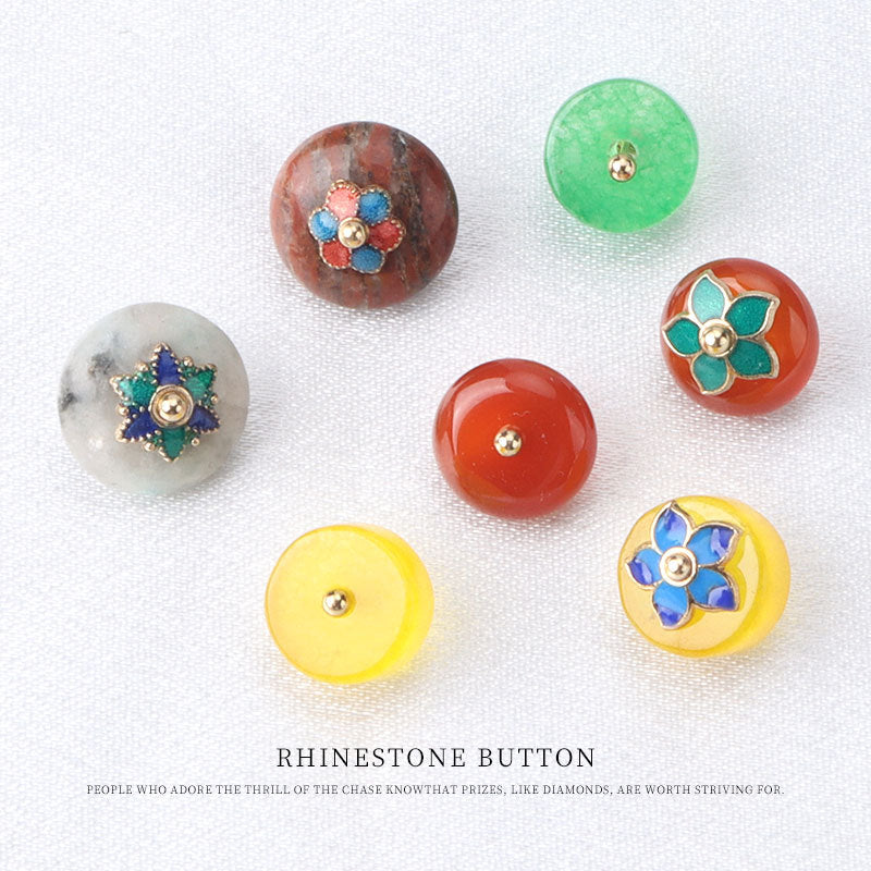 10mm Colorful Natural Jade Buttons with Flower Mounts for Chinese Hanfu 10pcs