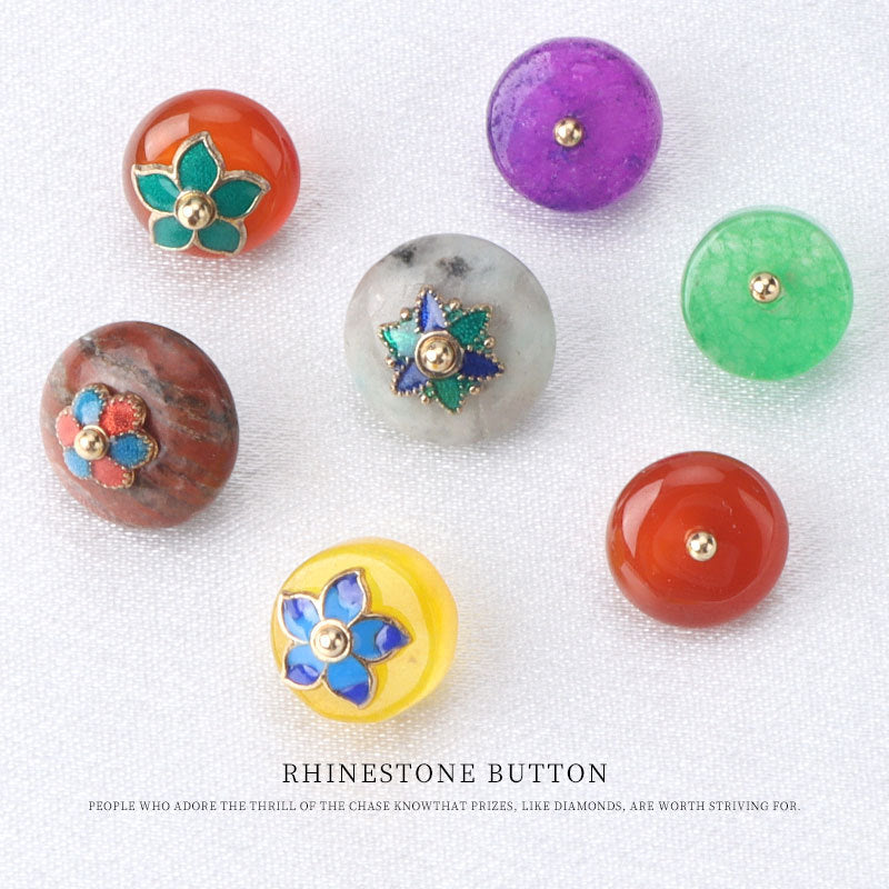 10mm Colorful Natural Jade Buttons with Flower Mounts for Chinese Hanfu 10pcs