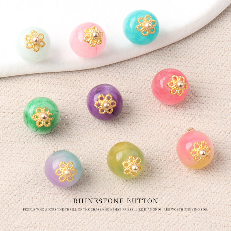 10mm Colorful Natural Chinese Jade Bead Buttons with Flower Mounts 20pcs