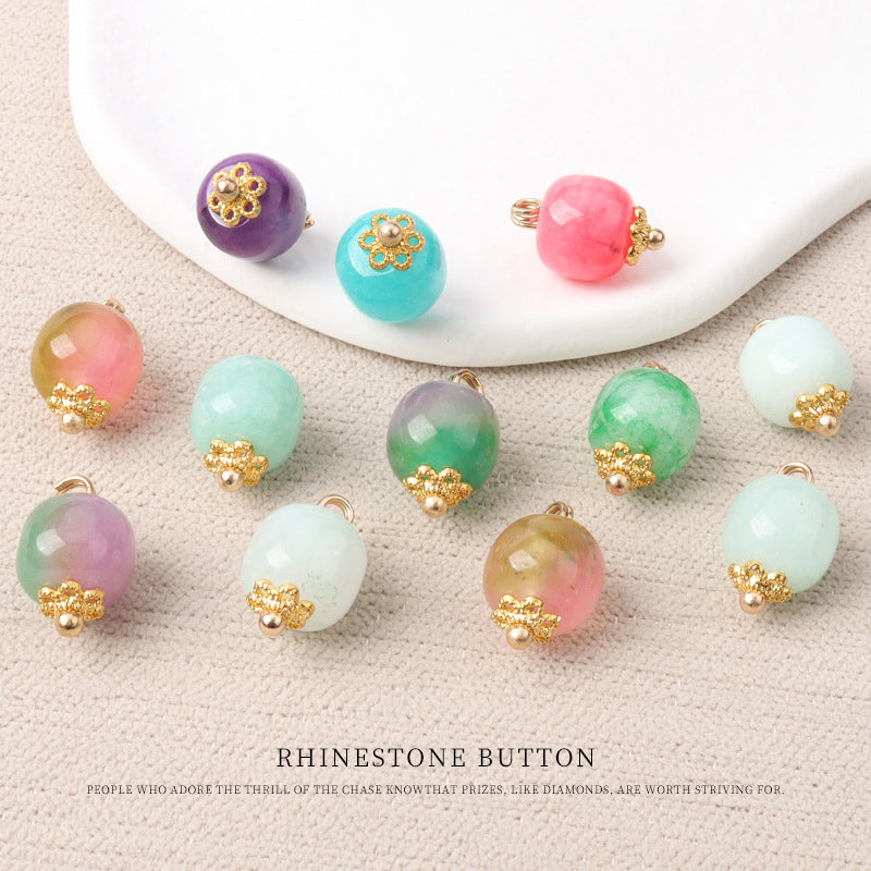 10mm Colorful Natural Chinese Jade Bead Buttons with Flower Mounts 20pcs