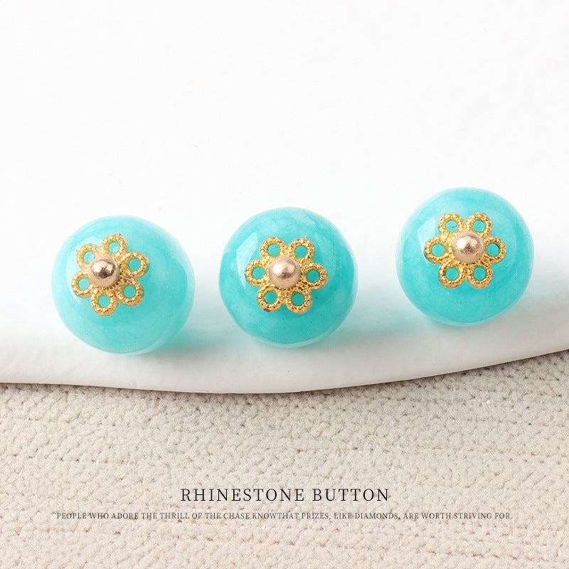 10mm Colorful Natural Chinese Jade Bead Buttons with Flower Mounts 20pcs