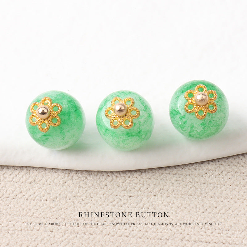 10mm Colorful Natural Chinese Jade Bead Buttons with Flower Mounts 20pcs
