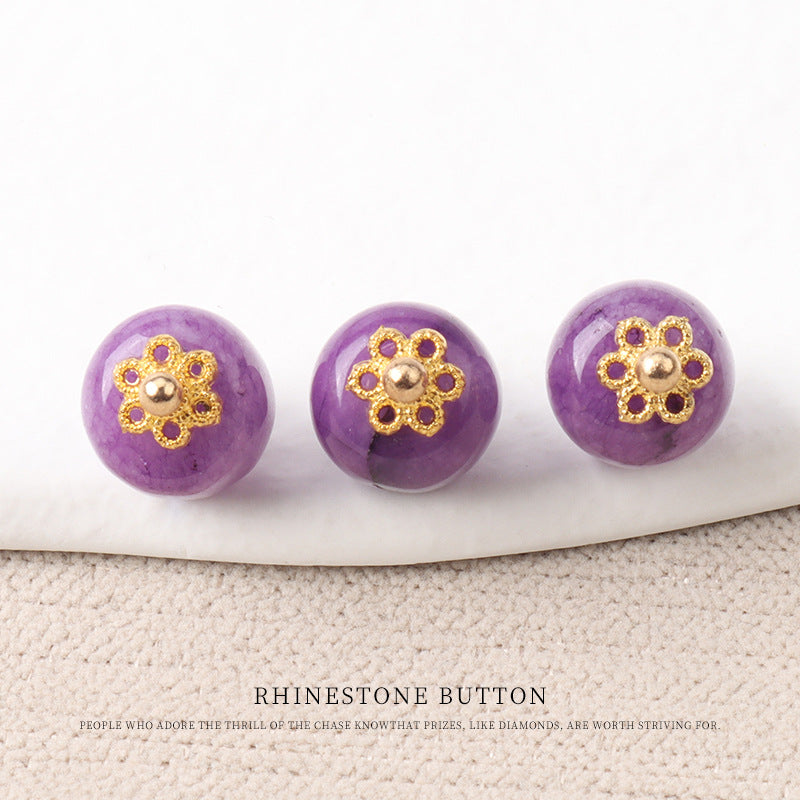10mm Colorful Natural Chinese Jade Bead Buttons with Flower Mounts 20pcs