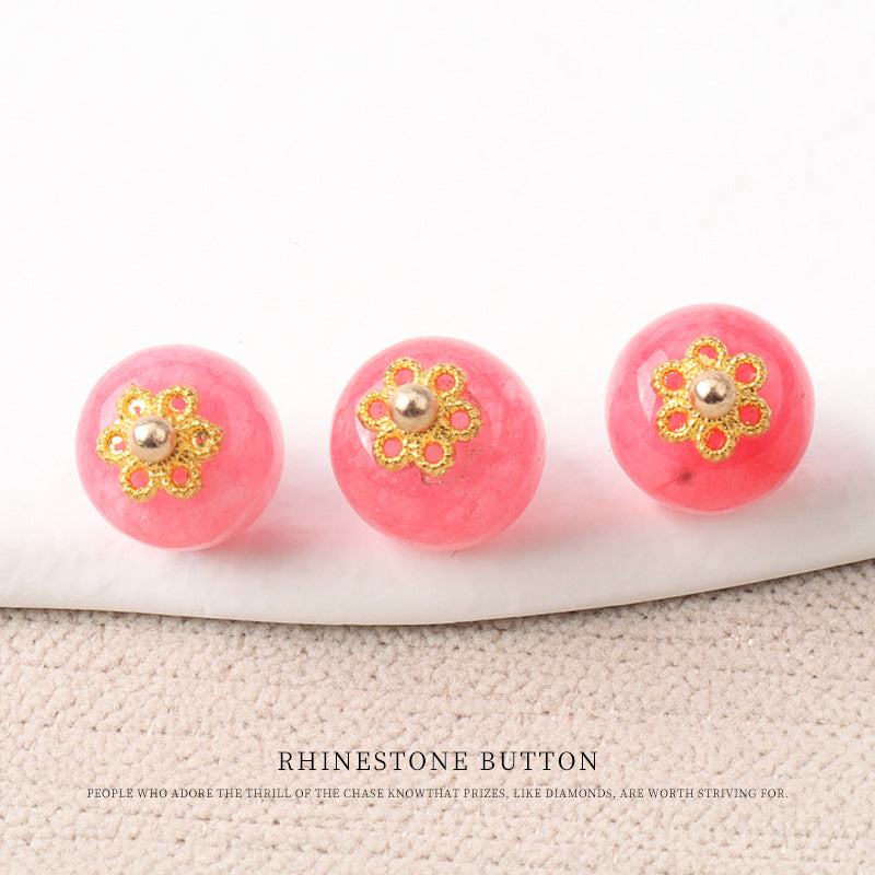 10mm Colorful Natural Chinese Jade Bead Buttons with Flower Mounts 20pcs