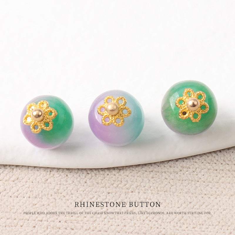 10mm Colorful Natural Chinese Jade Bead Buttons with Flower Mounts 20pcs