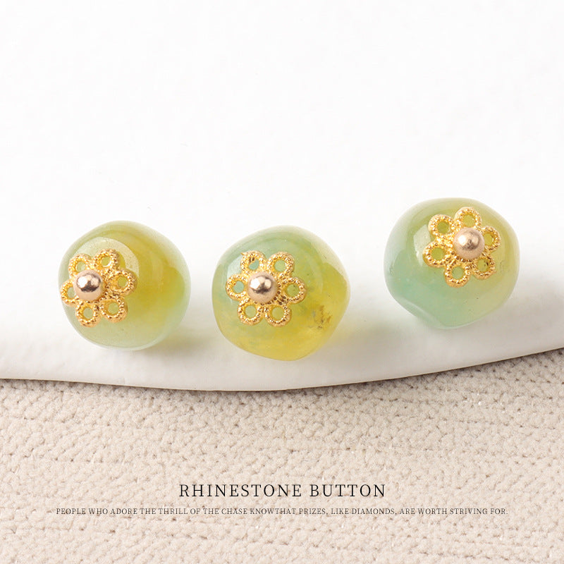 10mm Colorful Natural Chinese Jade Bead Buttons with Flower Mounts 20pcs