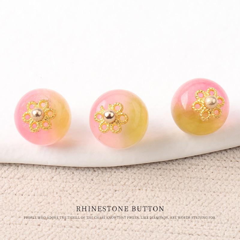 10mm Colorful Natural Chinese Jade Bead Buttons with Flower Mounts 20pcs