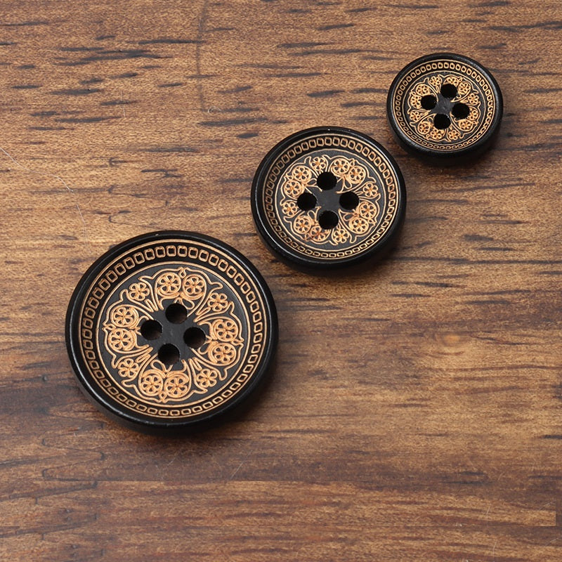 12/15/21mm Bottoni in Legno Vintage Tondi a 4 Fori Neri Dipinti con Fiori Intagliati al Laser
