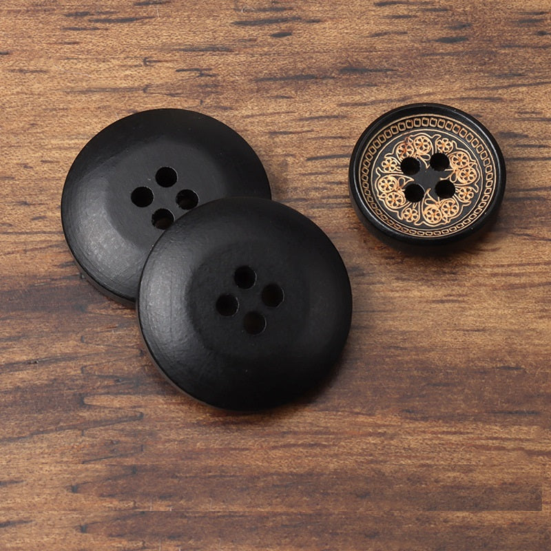 12/15/21mm Bottoni in Legno Vintage Tondi a 4 Fori Neri Dipinti con Fiori Intagliati al Laser