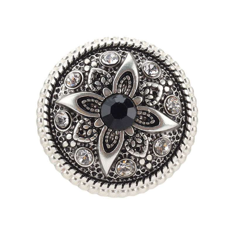 21mm Vintage Silver Metal Shank Buttons with Black Floral Rhinestone Pattern 5pcs