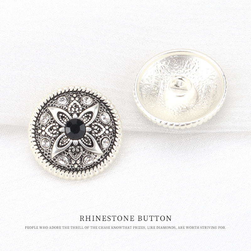 21mm Vintage Silver Metal Shank Buttons with Black Floral Rhinestone Pattern 5pcs