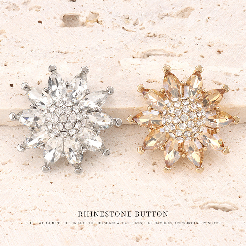 32mm Floral Shaped Metal Rhinestone Shank Buttons for Sweater Outerwear 2pcs