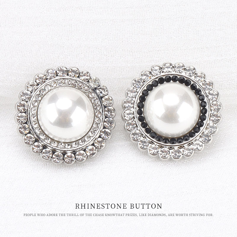 21.5mm Silver Pearl White Black Rhinestones Metal Sewing Button 6pcs