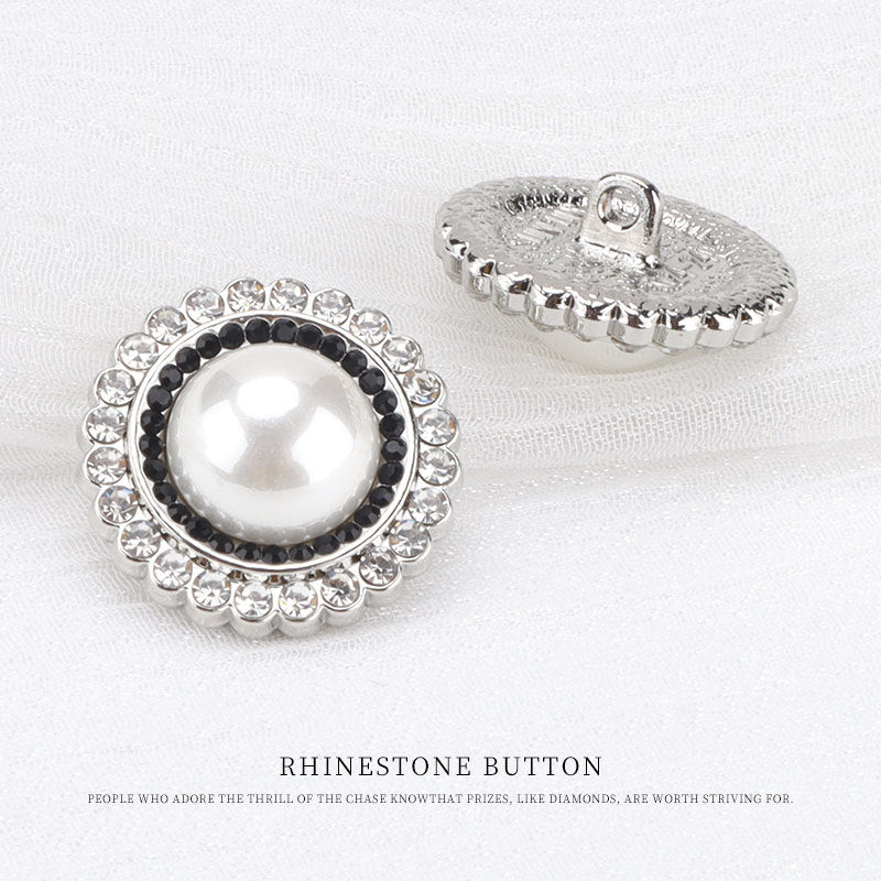 21.5mm Silver Pearl White Black Rhinestones Metal Sewing Button 6pcs