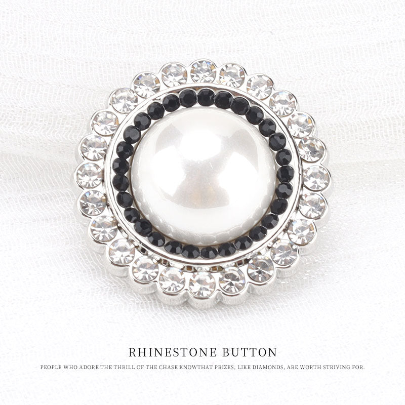 21.5mm Silver Pearl White Black Rhinestones Metal Sewing Button 6pcs