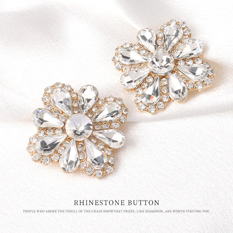 28mm Women's Golden Metal Buttons with Petal Shaped Rhinestones 4pcs - Lots of Buttons