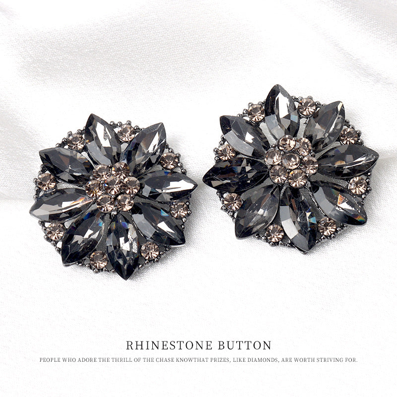 31mm Black Crystal Petal Shaped Rhinestone Metal Shank Buttons 4pcs