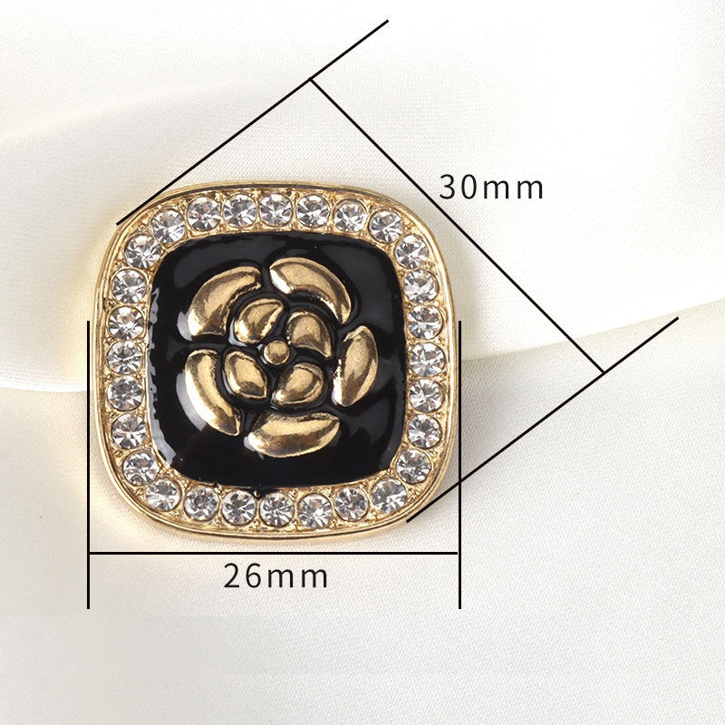 26mm Black Enameled Flower Golden Square Metal Rhinestone Buttons 5pcs