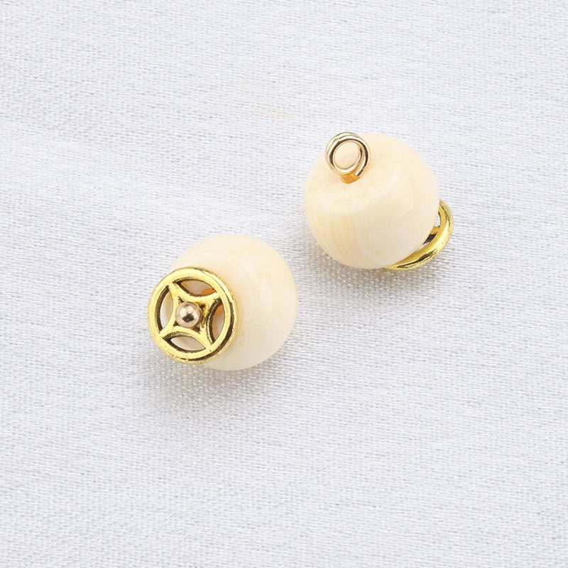 10mm Beige Resin Bead Frog Buttons Gold Studs for Chinese Cheongsam 20pcs