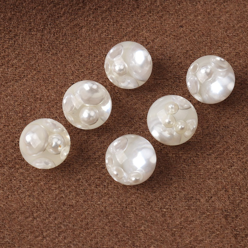11mm White Resin Mushroom Buttons Inlaid with Pearls for Sweaters and Shirts 6pcs