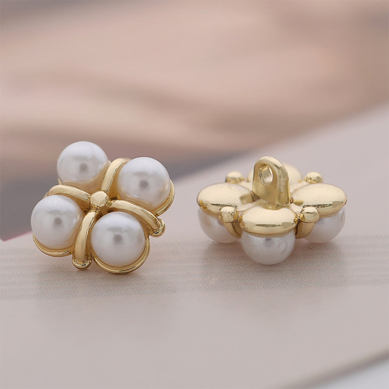 17mm Four-Leaf Clover Pearl Gold Metal Shank Button 10pcs - Lots of Buttons